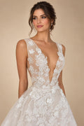 Deep V Neck Lace Flowers Wedding Dress for Women with Bow Beach A Line Court Trian Wedding Gowns Customized
