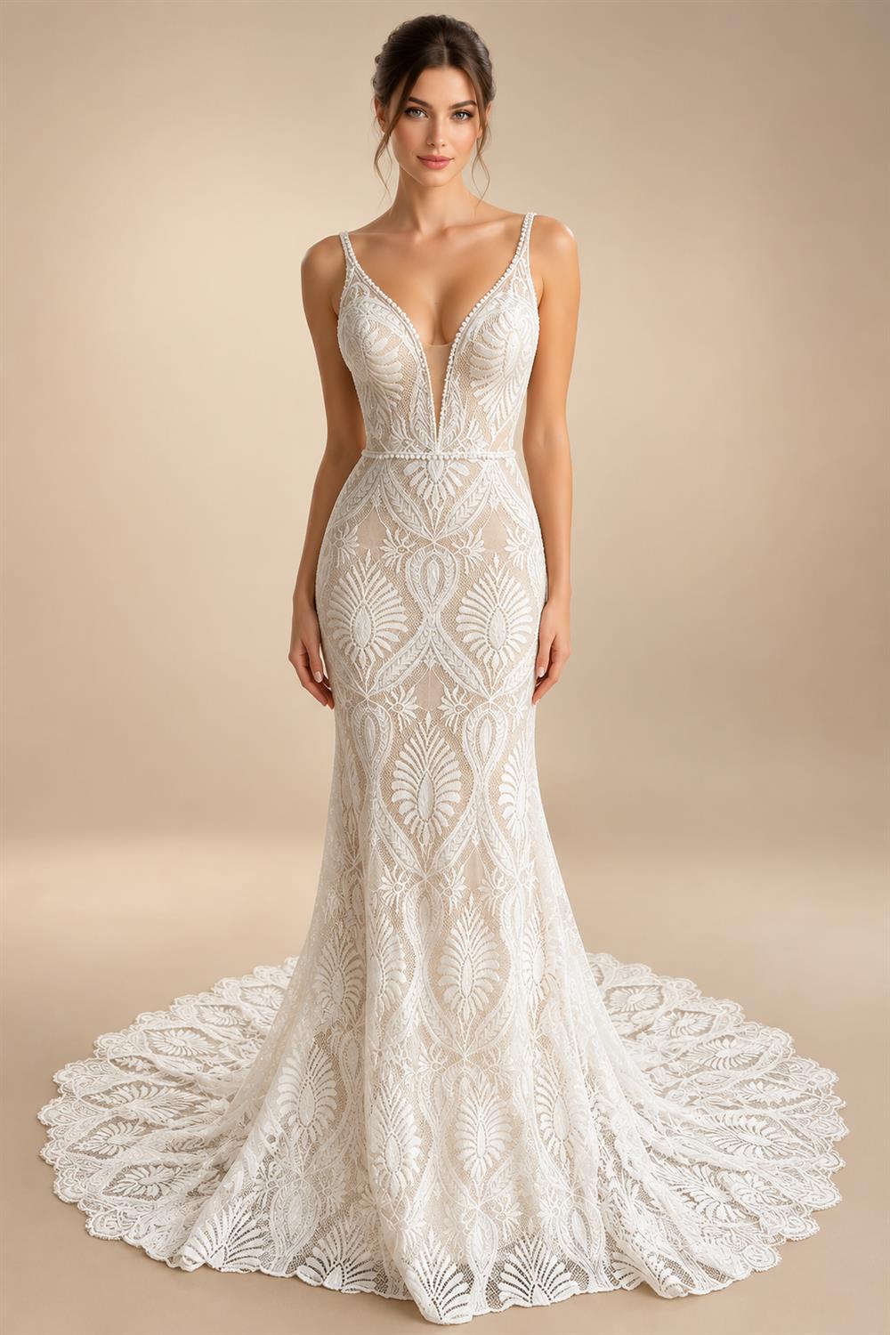 Plunging V Bohemian Mermaid Wedding Dress 2027 Real Photos Lace Champagne Bridal Gown Spaghetti Straps Customized