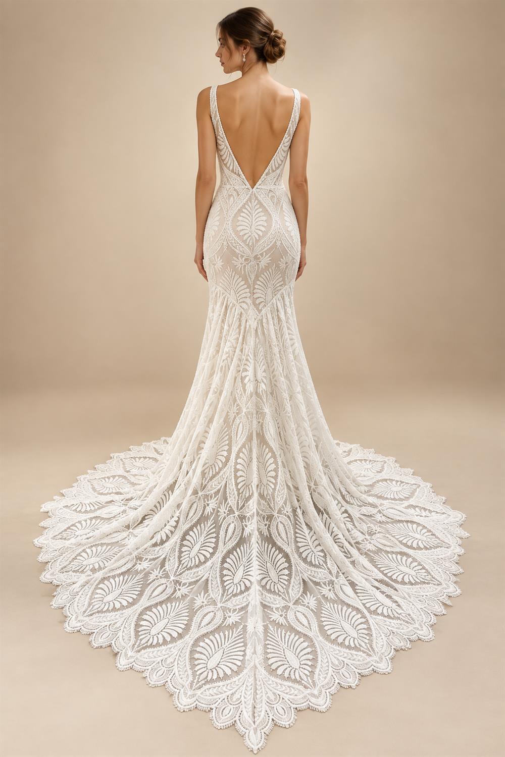 Plunging V Bohemian Mermaid Wedding Dress 2027 Real Photos Lace Champagne Bridal Gown Spaghetti Straps Customized