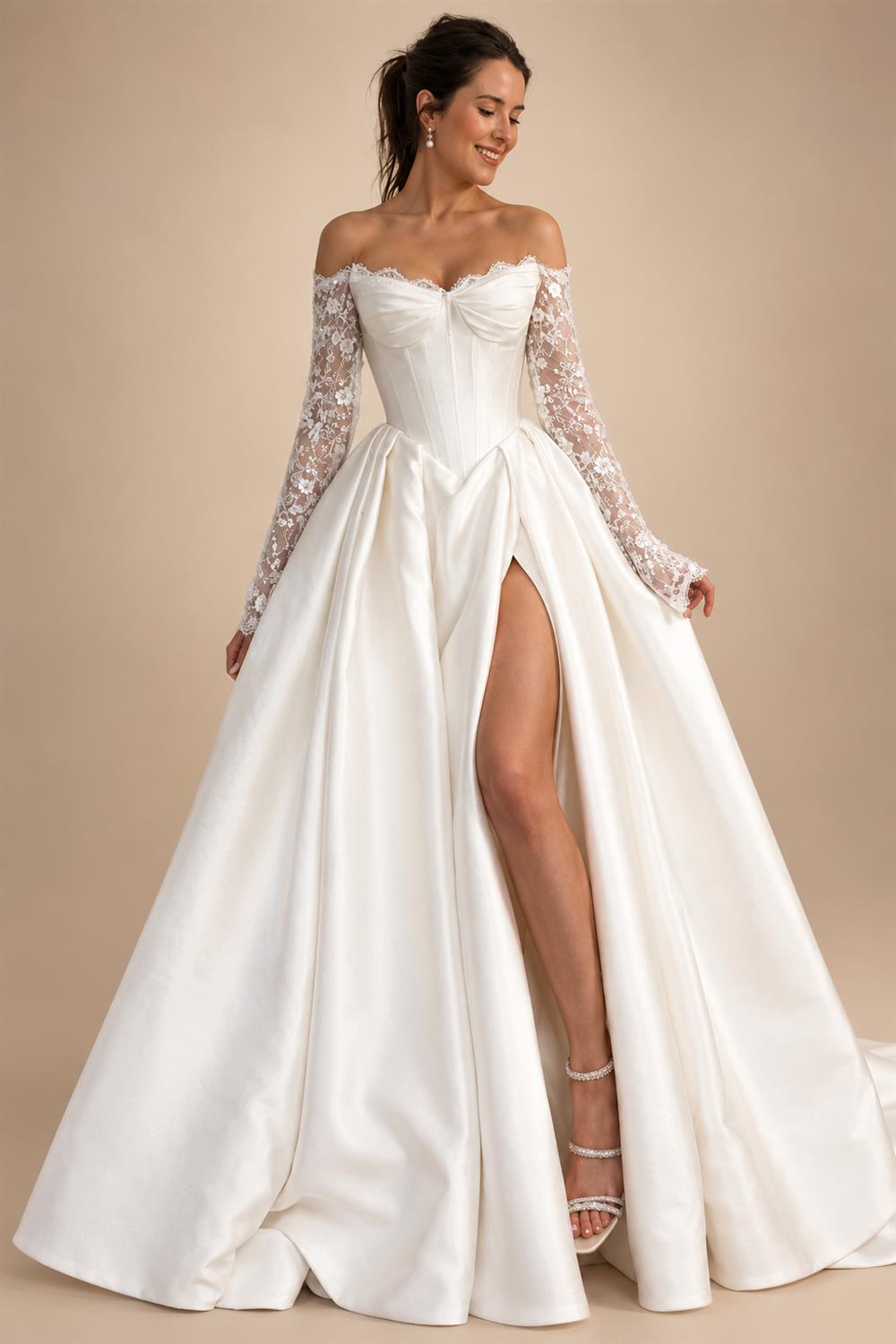 Off‑the‑Shoulder Gothic Wedding Dress Detachable Long Sleeve Black Lace Appliques Corset Bodice Ball Gown Customized