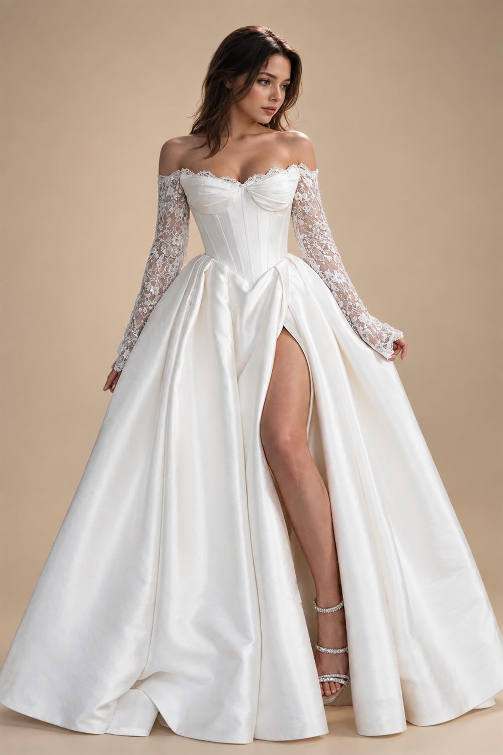 Off‑the‑Shoulder Gothic Wedding Dress Detachable Long Sleeve Black Lace Appliques Corset Bodice Ball Gown Customized