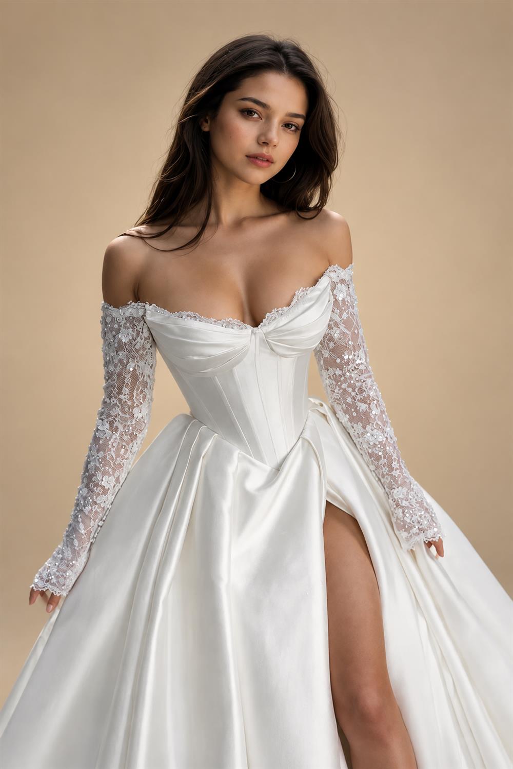 Off‑the‑Shoulder Gothic Wedding Dress Detachable Long Sleeve Black Lace Appliques Corset Bodice Ball Gown Customized