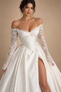 Off‑the‑Shoulder Gothic Wedding Dress Detachable Long Sleeve Black Lace Appliques Corset Bodice Ball Gown Customized