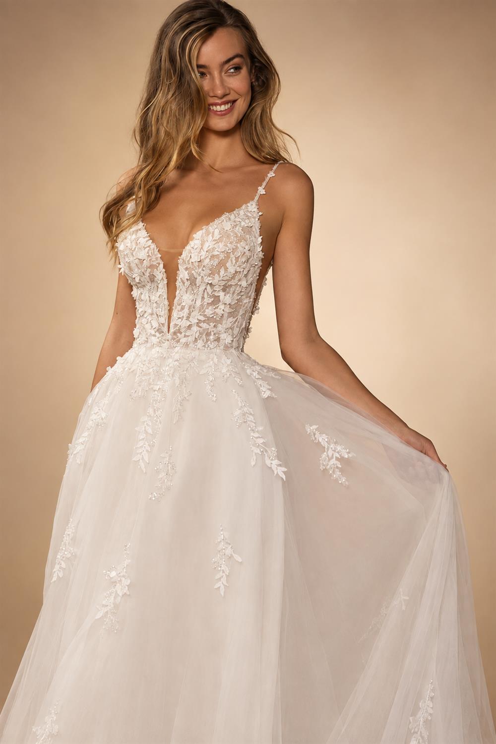 Custom Beach Wedding Dress With Beaded Lace And V Neck Spaghetti Straps