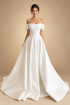 A Line Women's Wedding Dresses Charming Off Shoulder Bride Gowns Boat Neck Ruched Satin Vestidos Novias Customized