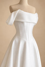 A Line Women's Wedding Dresses Charming Off Shoulder Bride Gowns Boat Neck Ruched Satin Vestidos Novias Customized