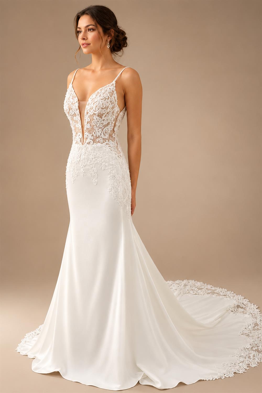 Luxurious Lace Mermaid Wedding Dresses Deep V-Neck Applique Train Bodycon Bridal Gown Spaghetti Straps Customized