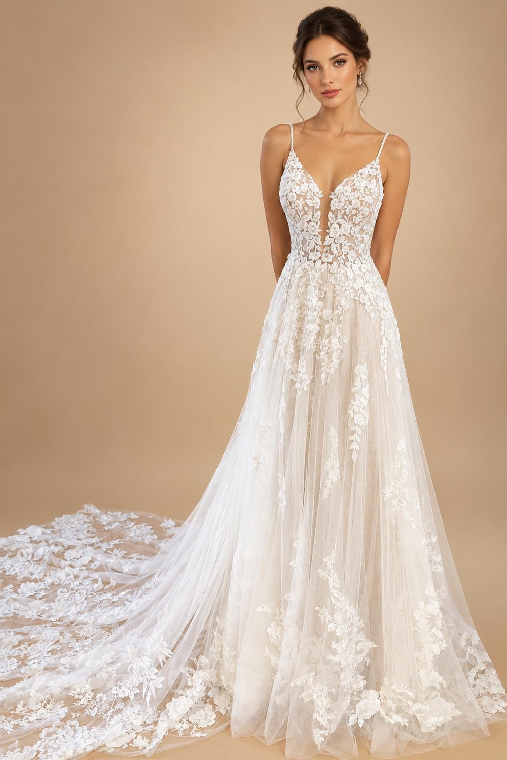 Spaghetti Straps Lace Wedding Dress Sexy Bridal Robe Plunging V Neck Tulle Boho Wedding Gown Abiti Sposa Customized