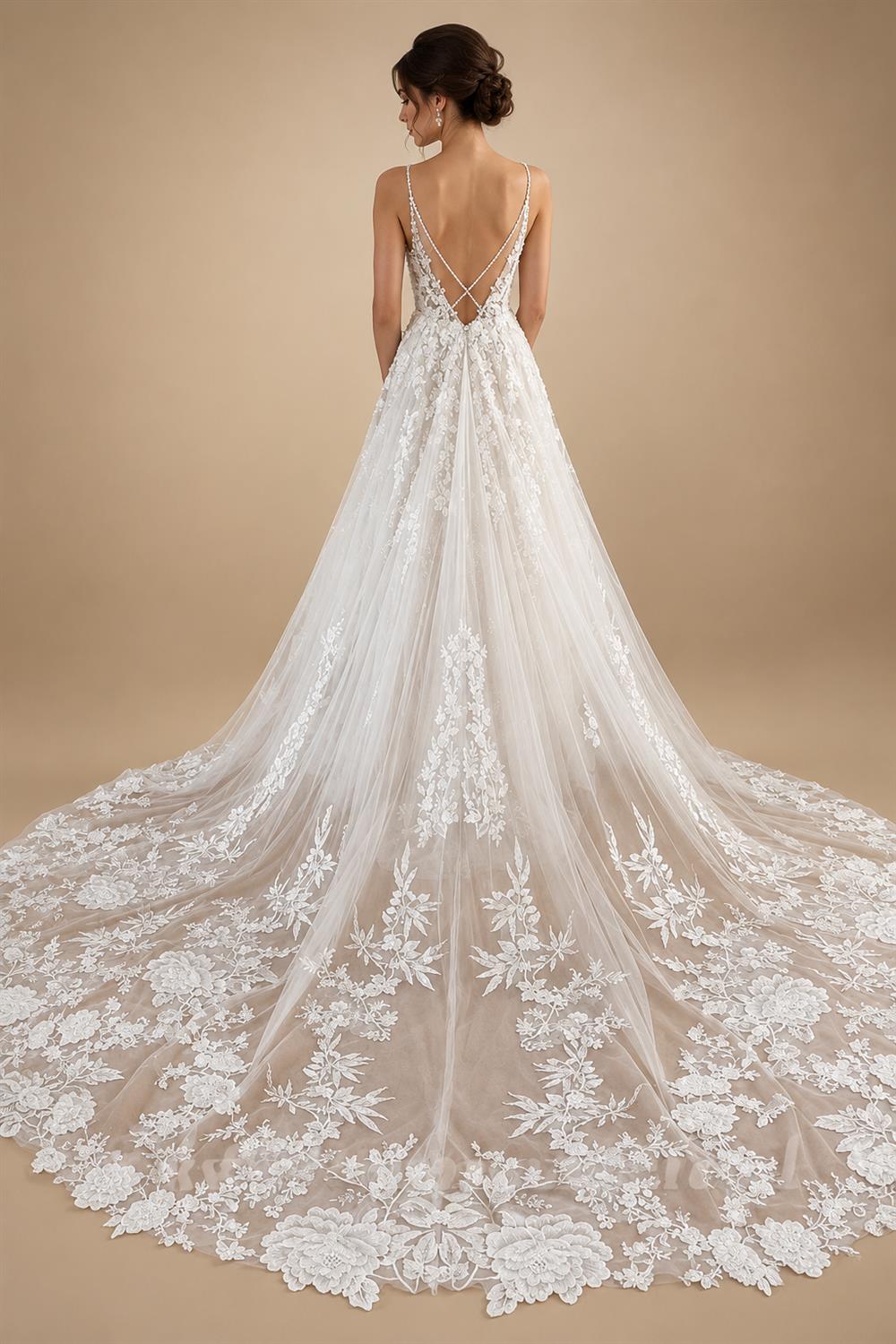 Spaghetti Straps Lace Wedding Dress Sexy Bridal Robe Plunging V Neck Tulle Boho Wedding Gown Abiti Sposa Customized