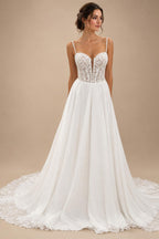 Sweetheart A Line Wedding Dress Chiffon Spaghetti Straps Sweep Train Wedding Gown Customized Vestido De Noche
