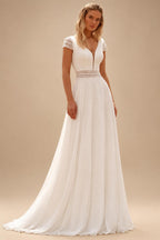 Deep V‑Neck Flutter Short Sleeve Wedding Dress Lace Applique Chiffon A‑Line Bridal Gown Lace Customized