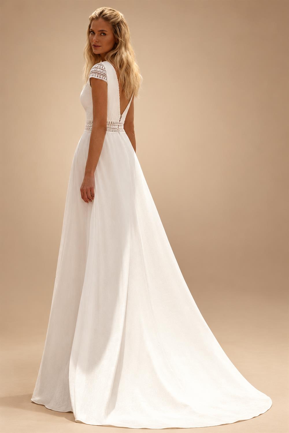 Deep V‑Neck Flutter Short Sleeve Wedding Dress Lace Applique Chiffon A‑Line Bridal Gown Lace Customized