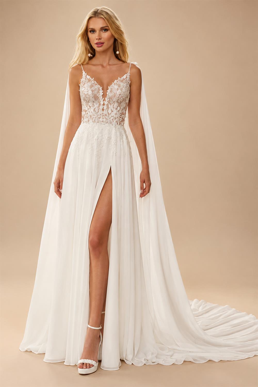 Sexy Beach Wedding Dress with Cap Spaghetti Straps V Neck Applique Split Bridal Gown for Bride Customized