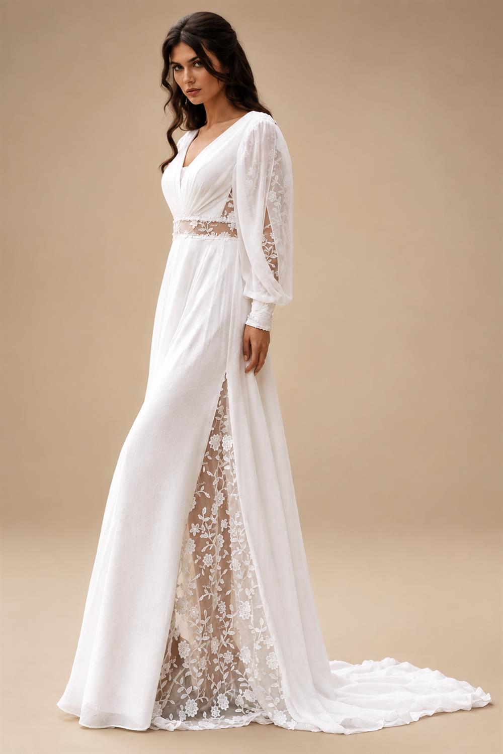 Summer Chiffon Wedding Dress 2026 Puff Sleeves Lace Split A Line Sweep Train Woman Bridal Gown Boho Customized