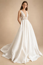 Sleeveless Lace A‑Line Wedding Dress Deep V‑Back Satin Bridal Gown With Pockets Customized