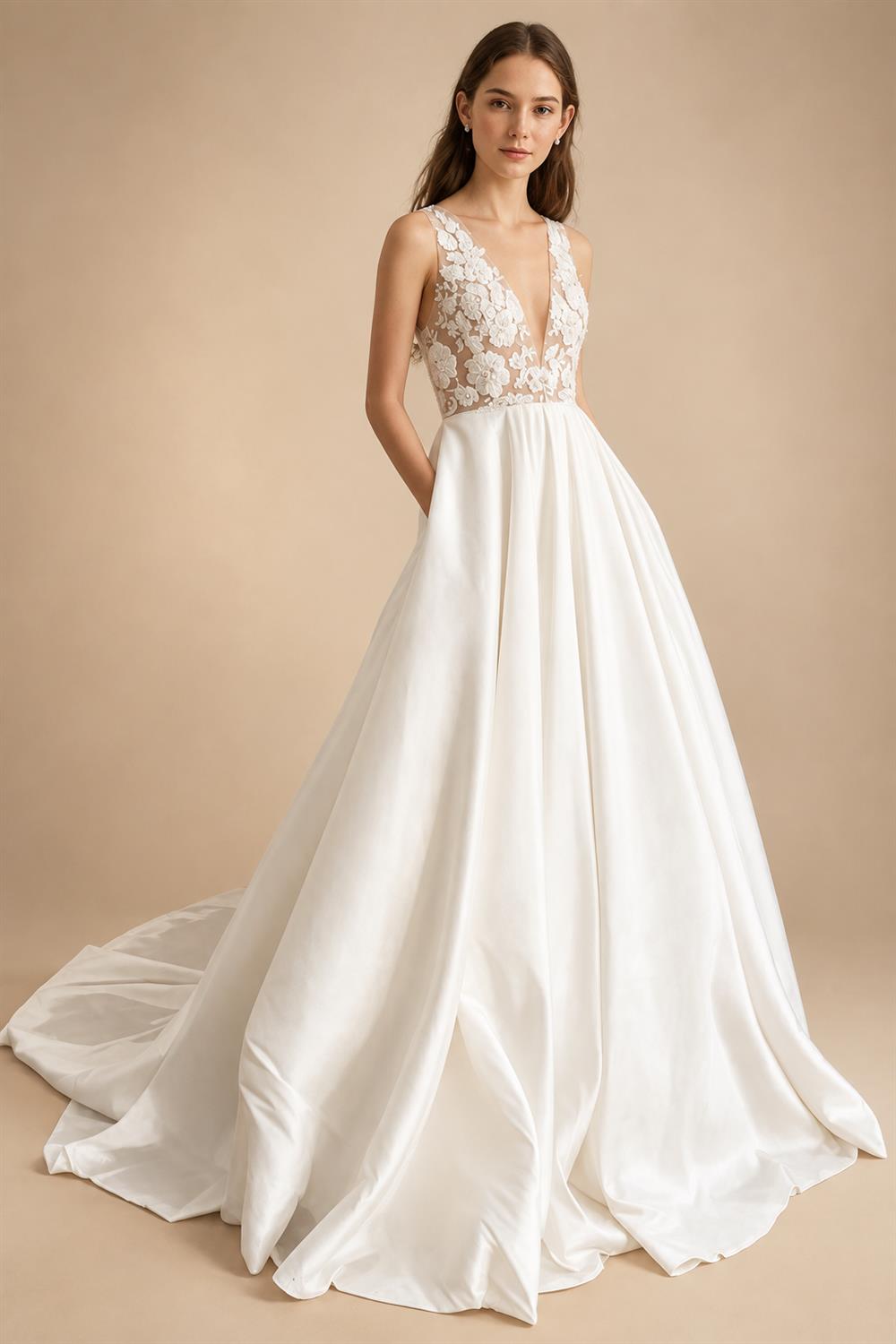 Sleeveless Lace A‑Line Wedding Dress Deep V‑Back Satin Bridal Gown With Pockets Customized