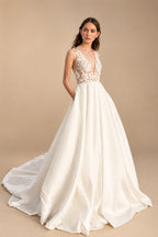 Sleeveless Lace A‑Line Wedding Dress Deep V‑Back Satin Bridal Gown With Pockets Customized
