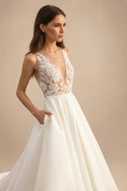 Sleeveless Lace A‑Line Wedding Dress Deep V‑Back Satin Bridal Gown With Pockets Customized