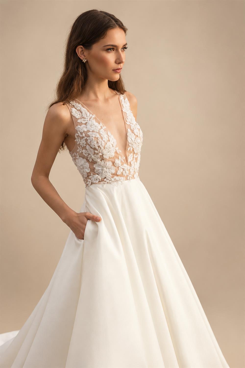 Sleeveless Lace A‑Line Wedding Dress Deep V‑Back Satin Bridal Gown With Pockets Customized