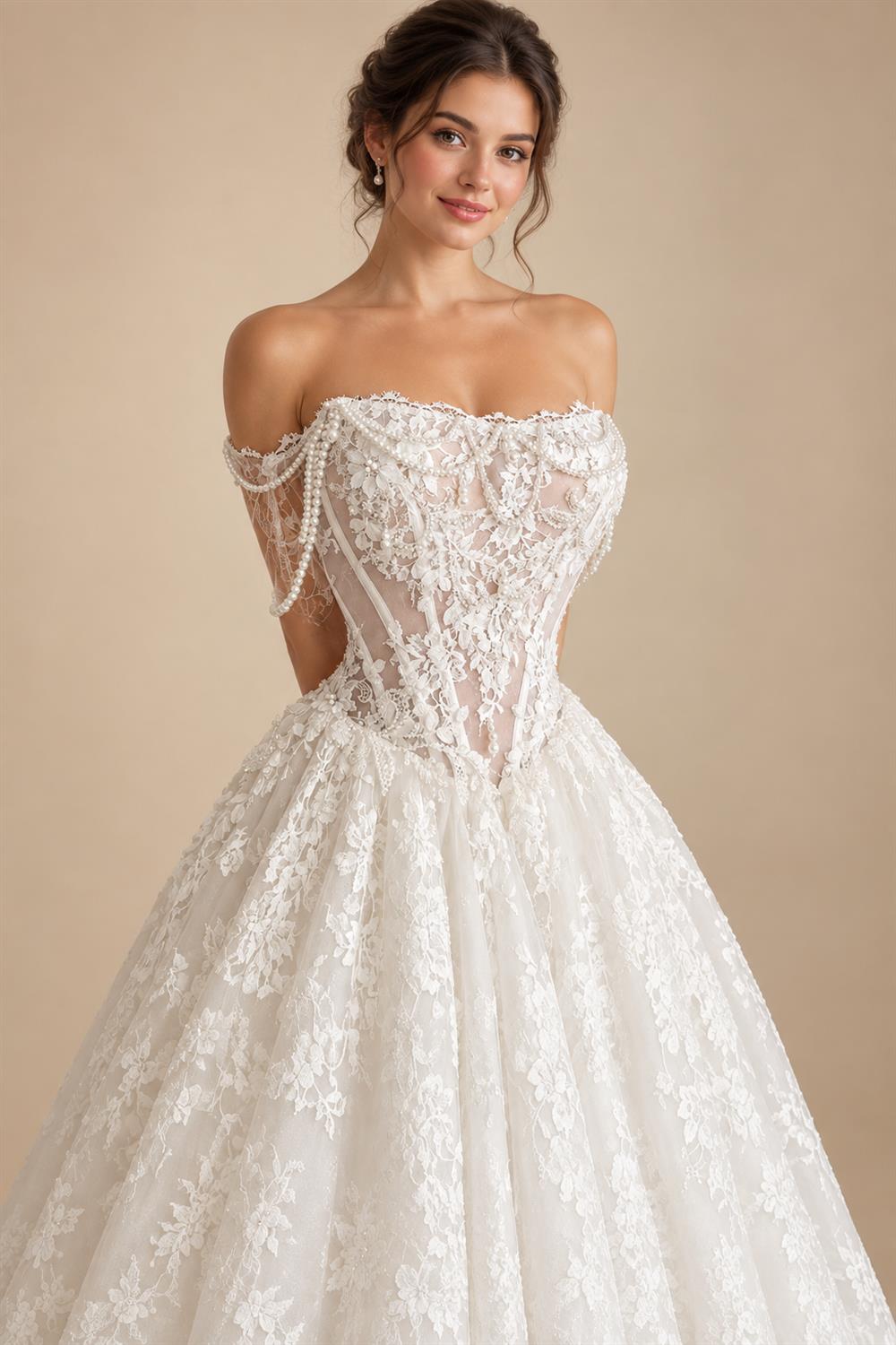 Lace Ball Gown Wedding Dress Sexy Off Shoulder Pearls Bridal Partry Gown Backless Princess Bride Gown Customized