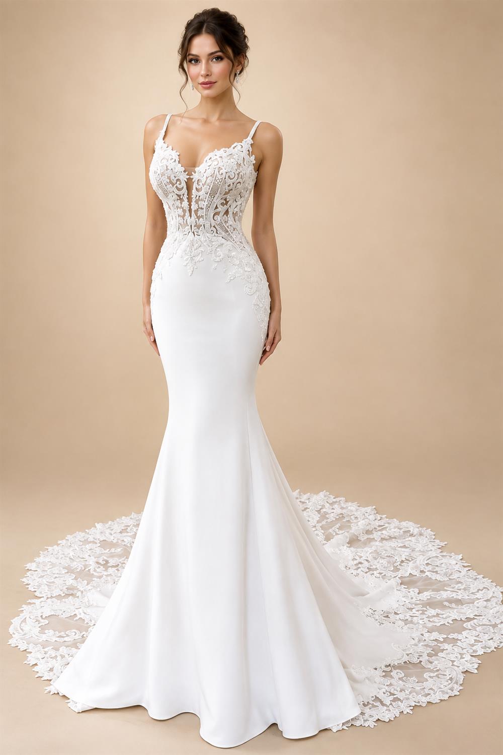 Spaghett Straps Mermaid Wedding Dresses with Beads Lace Appliques Court Train Vestidos De Novia V-Neck Customized