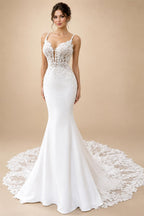 Spaghett Straps Mermaid Wedding Dresses with Beads Lace Appliques Court Train Vestidos De Novia V-Neck Customized