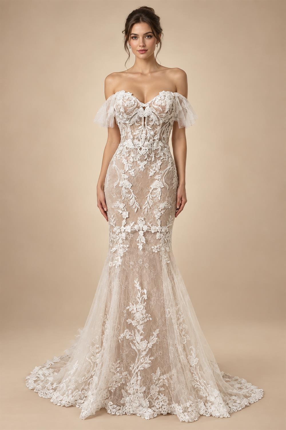 Off Shoulder Lace Appliques Women Wedding Dress for Bride Customized Champagne Wedding Gown vestidos de boda novia