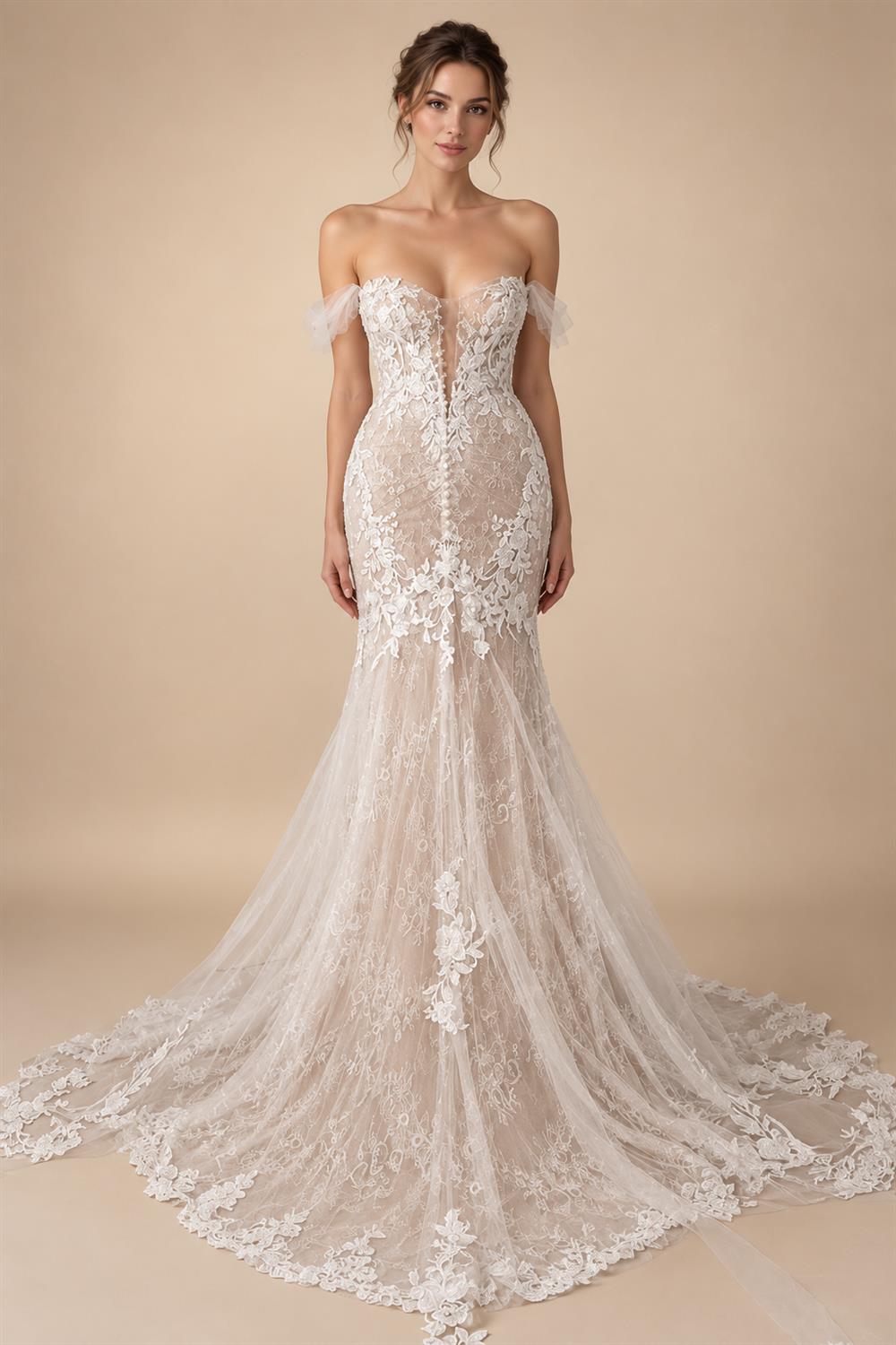Off Shoulder Lace Appliques Women Wedding Dress for Bride Customized Champagne Wedding Gown vestidos de boda novia