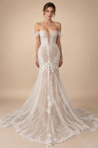 Off Shoulder Lace Appliques Women Wedding Dress for Bride Customized Champagne Wedding Gown vestidos de boda novia