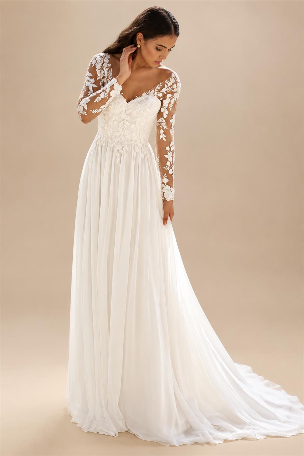 Boho V-Neck Lace Chiffon Wedding Dress for Women 2026 New A-Line Sweep Train Long Sleeves Bride Gown Customized
