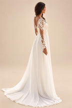Boho V-Neck Lace Chiffon Wedding Dress for Women 2026 New A-Line Sweep Train Long Sleeves Bride Gown Customized