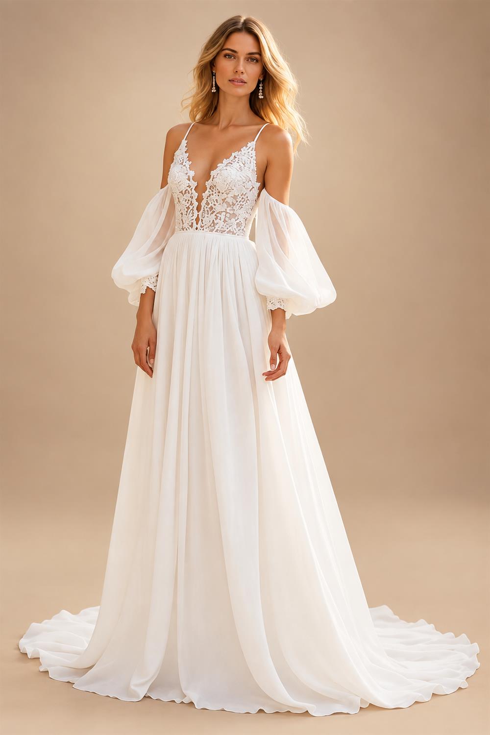 Chiffon A Line V-Neck Court Train Ivory Wedding Dress with Lace vestido de novia para boda Customized