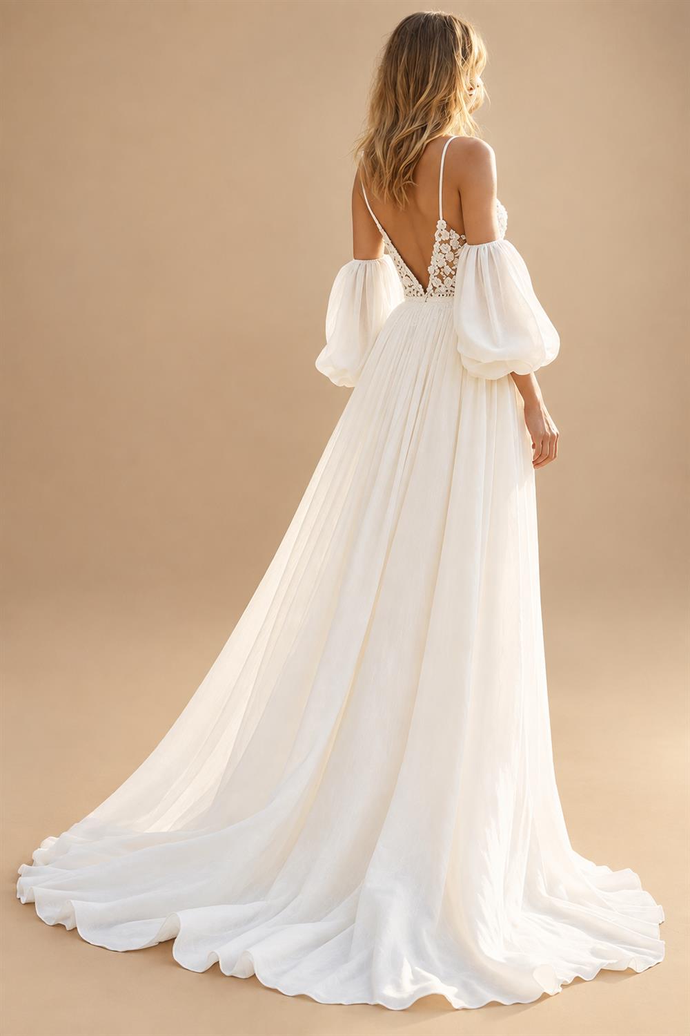 Chiffon A Line V-Neck Court Train Ivory Wedding Dress with Lace vestido de novia para boda Customized