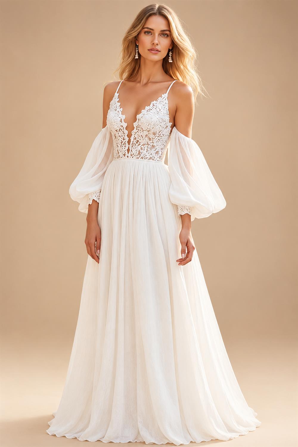 Chiffon A Line V-Neck Court Train Ivory Wedding Dress with Lace vestido de novia para boda Customized