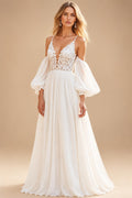 Chiffon A Line V-Neck Court Train Ivory Wedding Dress with Lace vestido de novia para boda Customized