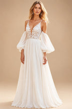 Chiffon A Line V-Neck Court Train Ivory Wedding Dress with Lace vestido de novia para boda Customized