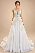 Plunging V Neck A-Line Lace Tulle Sleeveless Wedding Dress Lace Bridal Gown Boho Country Beach Princess Wedding Gown