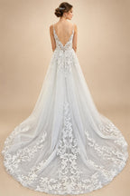 Plunging V Neck A-Line Lace Tulle Sleeveless Wedding Dress Lace Bridal Gown Boho Country Beach Princess Wedding Gown