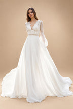 Boho Chiffon Beach Wedding Dresses Ivory Long Sleeves Bridal Gowns Lace V Neckline Vestido de boda Customized