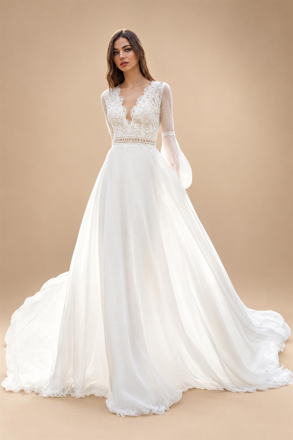 Boho Chiffon Beach Wedding Dresses Ivory Long Sleeves Bridal Gowns Lace V Neckline Vestido de boda Customized