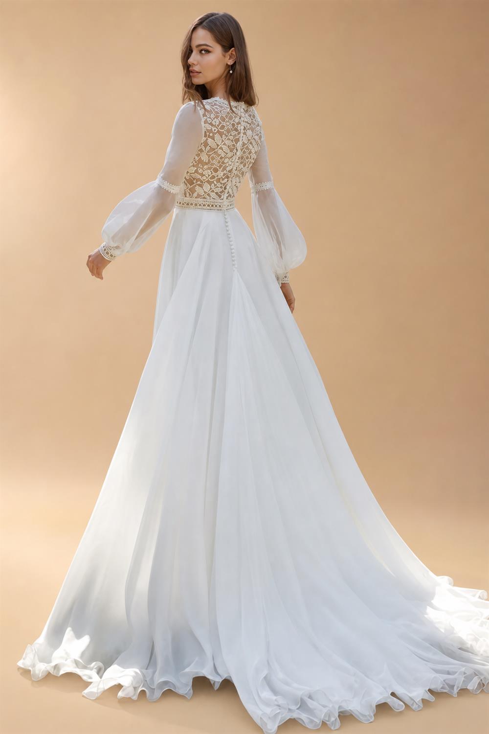 Boho Chiffon Beach Wedding Dresses Ivory Long Sleeves Bridal Gowns Lace V Neckline Vestido de boda Customized