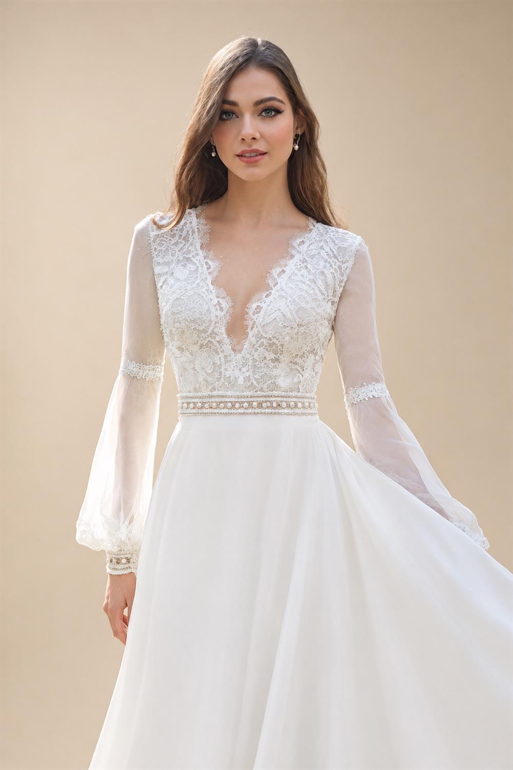 Boho Chiffon Beach Wedding Dresses Ivory Long Sleeves Bridal Gowns Lace V Neckline Vestido de boda Customized