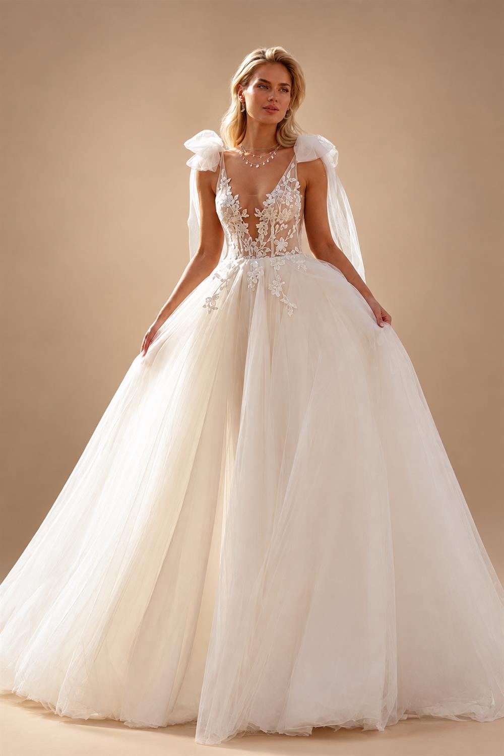 Split Wedding Dress Lace Flowers Sexy Deep V-neck Appliques Plus Size Tulle Bridal Gowns Customized Vestido De Noiva