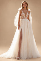 Split Wedding Dress Lace Flowers Sexy Deep V-neck Appliques Plus Size Tulle Bridal Gowns Customized Vestido De Noiva
