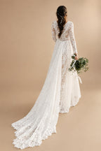 Boho A-Line V-neck Long Sleeve Chiffon Lace Wedding Dress Split Front Backless Button Appliques Bridal Go Customized