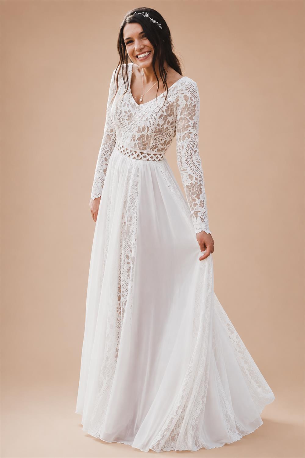 Boho A-Line V-neck Long Sleeve Chiffon Lace Wedding Dress Split Front Backless Button Appliques Bridal Go Customized