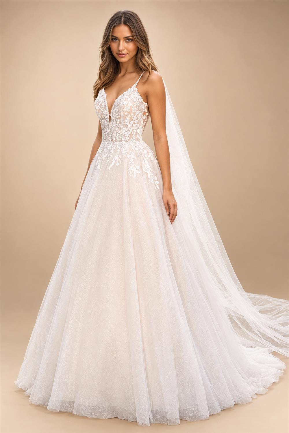 Spaghetti Straps V Neck Wedding Dresses for Bride Boho A-Line Tulle Bridal Dresses Court Train Customized