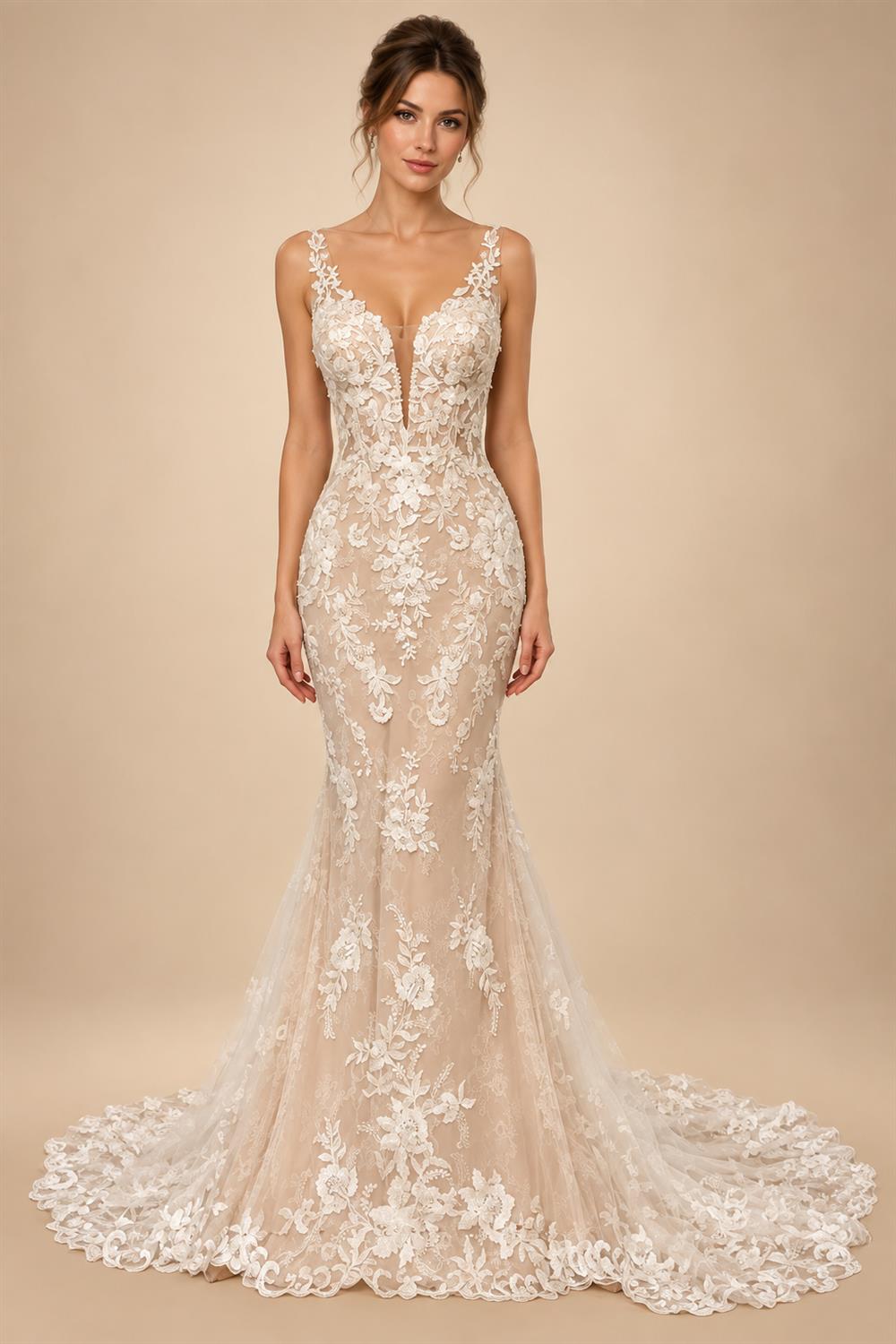 V Neck Lace Appliques Illusion Court Train Wedding Dress Boho Mermaid/Trumpet Bridal vestido branco Customized