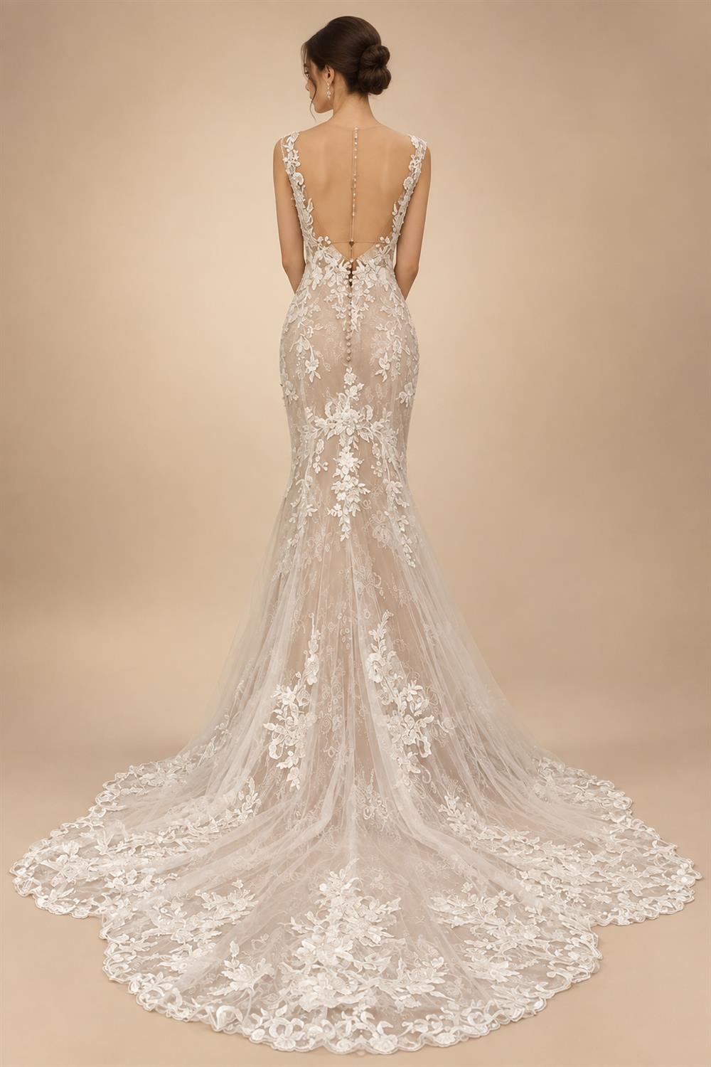 V Neck Lace Appliques Illusion Court Train Wedding Dress Boho Mermaid/Trumpet Bridal vestido branco Customized