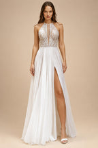 Halter Neck Lace Chiffon Flowy Outdoor Boho Split Side Wedding Dress for Women 2026 Backless Bridal Gown Customized